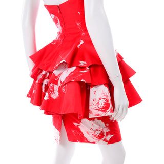 Vintage Barboglio Cristina Jan 2 Pc Strapless Peplum Dress in Red White Floral Print