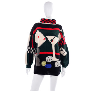 1980s Berek Novelty Martini & Gambling Wool Pullover Sweater
