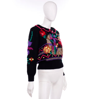 1980s Berek Vintage Multicolor Floral Sweater With Peter Pan Collar 100% wool