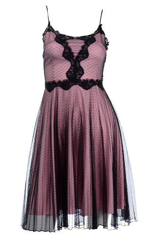 1990s Betsey Johnson Pink Vintage Dress With Black Net Overlay & Lace