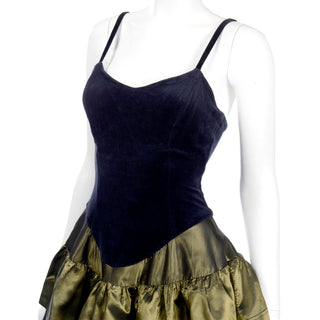 Betsey Johnson Punk Label 1980s Vintage Dress w Black Velvet Bodice and Green Ruffled Skirt