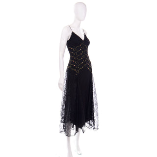1990s Betsey Johnson Black Lace & Tulle Evening Dress W Floral Embroidery net
