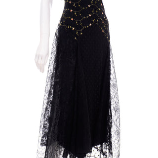 1990s Betsey Johnson Black Lace & Tulle Evening Dress W Floral Embroidery floral lace