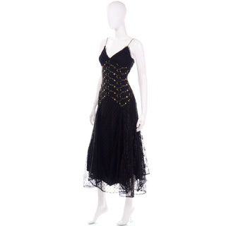 Vintage 1990s Betsey Johnson Black Lace & Tulle Evening Dress W Floral Embroidery