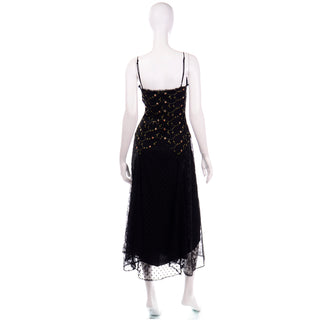 1990s Betsey Johnson Black Lace & Tulle Evening Dress W Floral Embroidery 90s