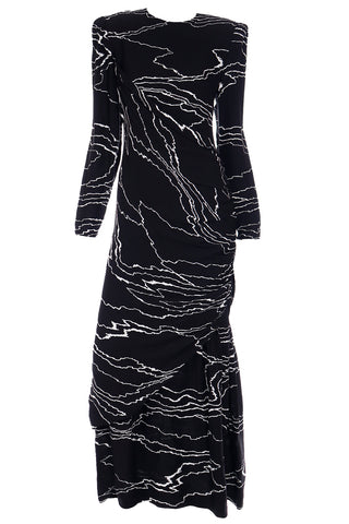 1980s Bill Blass Full Length Vintage Black Dress w/ White Abstract Print