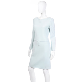 1970s Bill Blass Vintage Pristine Blue Wool Crepe Designer Day Dress