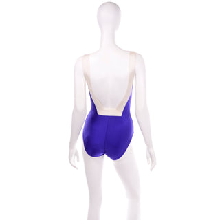 1980s Bill Blass Blue/Purple and White High Cut One PIece Swimsuit