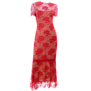 Bill Blass Vintage Red Lace Evening Dress With Nude Silk Slip