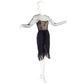 Vintage Bill Blass polka dot net illusion lace long sleeve dress