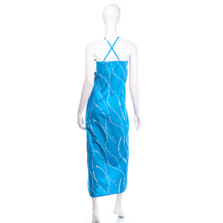1970s Bill Tice Graphic Print Blue Cotton Maxi Dress With Cross Straps