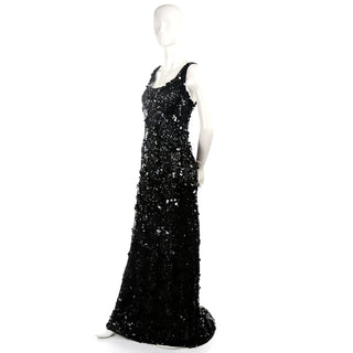 Vintage Evening Gown Dress in Black W Sequins & Paillettes with Train & Bustle Medium