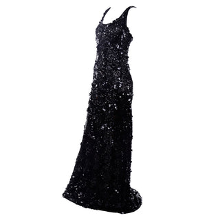 Vintage Evening Gown Dress in Black W Sequins & Paillettes with Train & Bustle M