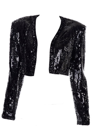 1990s Fabrice Silhouette Beaded & Sequin Cropped Black Evening Jacket