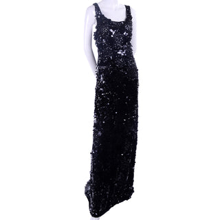 Vintage Evening Gown Dress in Black W Sequins & Paillettes with Train & Bustle size M
