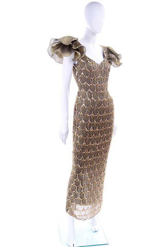 80s Black Tie Gold Beaded Evening Gown Dress W Statement Fluter Sleeves w low back