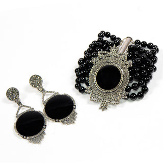 Vintage Sterling Silver Marcasite & Black Onyx Bracelet & Earrings Set Estate vintage jewelry