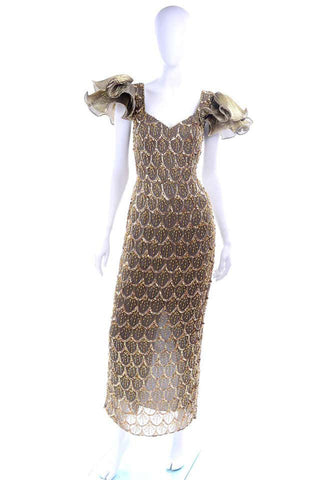 Black Tie Gold Beaded Evening Gown W Statement Fluter Sleeves