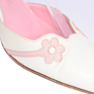 Manolo Blahnik Vintage Ivory Ankle Strap Shoes With Pink Leather Flowers 