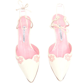 Manolo Blahnik Vintage Ivory Ankle Strap Shoes With Pink Flowers Wedding