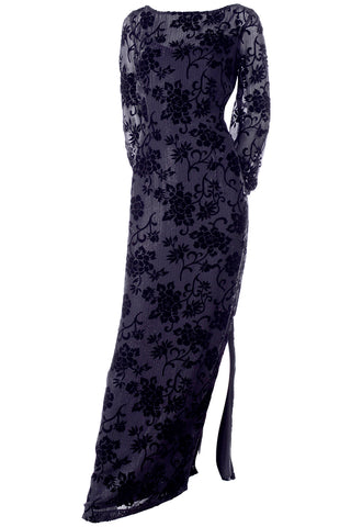 1980s Bloomingdales Vintage Burn Out Black Velvet Evening Dress