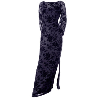 1980s Bloomingdales Vintage Burn Out Black Velvet Evening Dress  long gown 80s