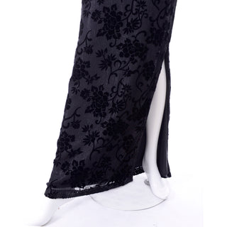 1980s Bloomingdales Vintage Burn Out Black Velvet Evening Dress with metallic threads
