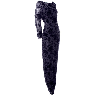 1980s Bloomingdales Vintage Burn Out Black Velvet Evening Dress long
