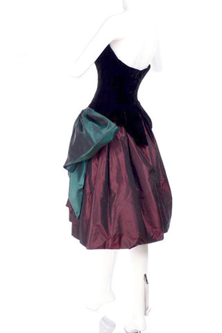 1980s Bob Mackie taffeta and velvet full skirt strapless corset evening dress