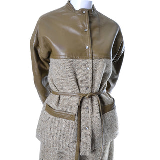 1960s Bonnie Cashin Vintage Leather Tweed Skirt Jacket Suit