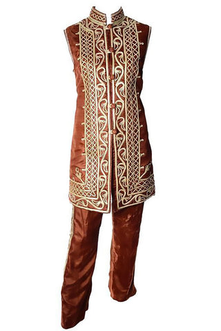 1960s Vintage Brown Velvet Pashtun with Gold Embroidery and Mandarin Collar