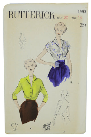 1940s 1949 Butterick 4993 Vintage Blouse Sewing Pattern