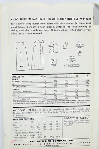 Unused 1956 Butterick 7957 Vintage Duster Robe Sewing Pattern uncut