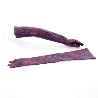 Carlos Falchi Opera Length Purple Leather Gloves w/ Floral