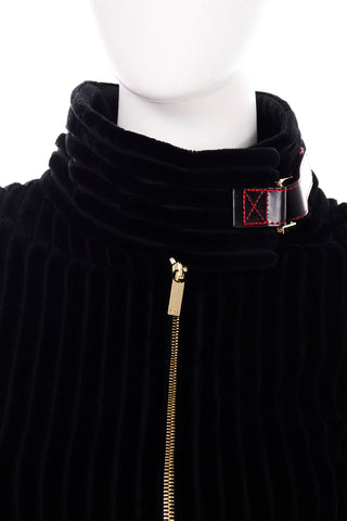Carolina Herrera Black Ribbed Velvet Zip Front Coat Buckles