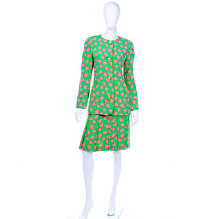 Vintage Carolina Herrera Novelty Heart Print Silk 2 Pc Dress Skirt Suit