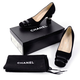 Chanel Black Suede Pumps With Cylindrical Block Heels & Silver Bands fall 2000
