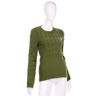 Chanel Green Cashmere Blend Sweater with Brick Red Beads and round neck