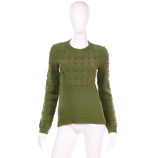 Chanel Green Cashmere Blend pullover Sweater with Brick Red Beads