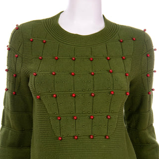 Chanel Green Cashmere Blend Sweater with Brick Red Beads Unique texture