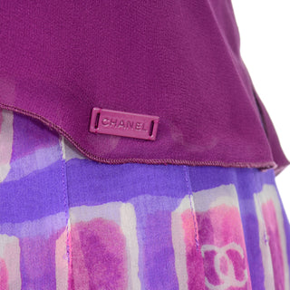 Chanel 2001 Silk Logo Skirt & Top Purple Magenta Pink Vintage Silk Chiffon