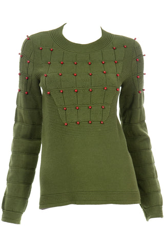 Chanel Green Cashmere Blend Sweater with Brick Red Beads