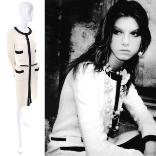 F/W 2000 Chanel White Tweed Coat w/ Black Trim and Belt Size 8/10 - Dressing Vintage