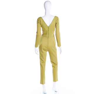 1970s Chartreuse Green Wool Fully Lined Vintage Jumpsuit V back