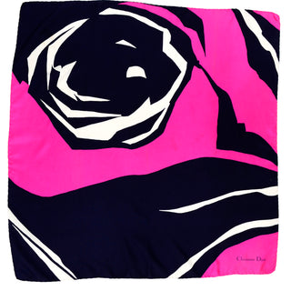 Christian Dior Vintage Silk Hot Pink & Navy Blue Floral Scarf Bold abstract print