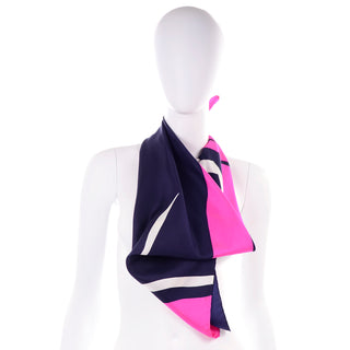 30" Christian Dior Vintage Silk Hot Pink & Navy Blue Floral Scarf