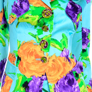 Christian Lacroix Floral Turquoise Orange & Purple Skirt Suit Flower Buttons