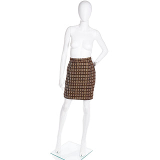 1990s Christian Lacroix Brown & Gold Check Boucle Mini Pencil Skirt