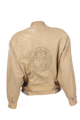 1980s Claude Montana Ideal Cuir Tan Leather Bomber Jacket W Applique Design