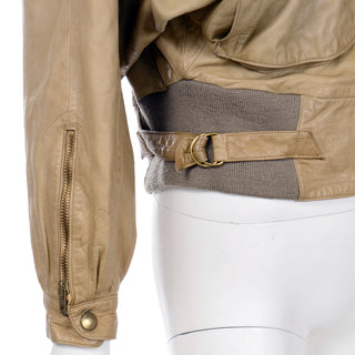 1980s Vintage Claude Montana Ideal Cuir Tan Leather Bomber Jacket W Applique Design